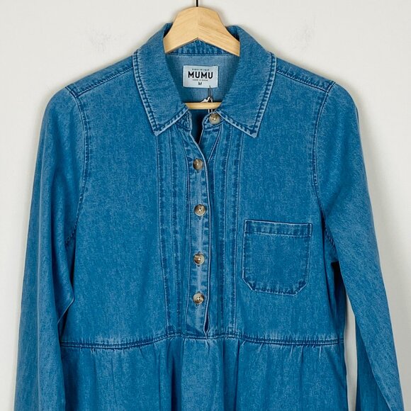 New Show Me Your Mumu Louisiana Denim Blue Dress Pockets 100% Cotton, Size M - Picture 5 of 13